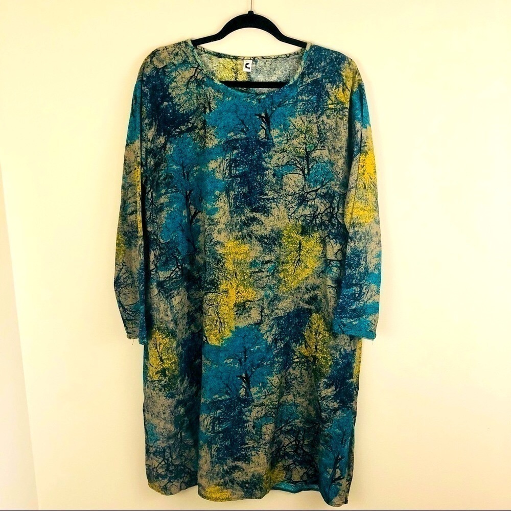 Tree Print Cacoon dress one size fits all, free flowing with pockets, jewel tone